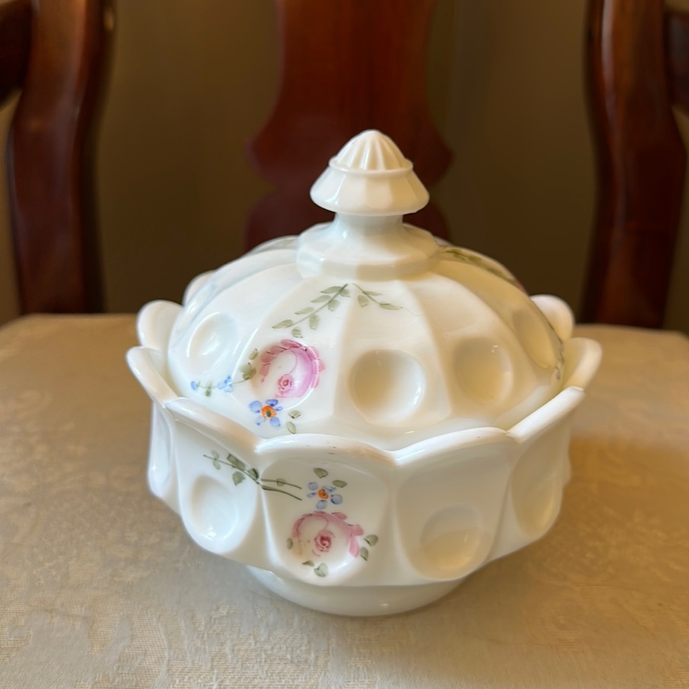 Vintage Westmoreland Coin Dot milk glass candy jar, sugar dish hand painted